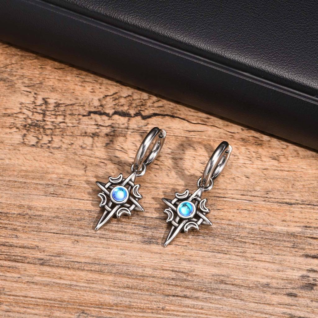 Moonstone Stainless Steel Hoop Earrings for Men Boys,Waterproof Stainless Steel Star Ear Drop,New Fashion Hiphop Zircon Gifts