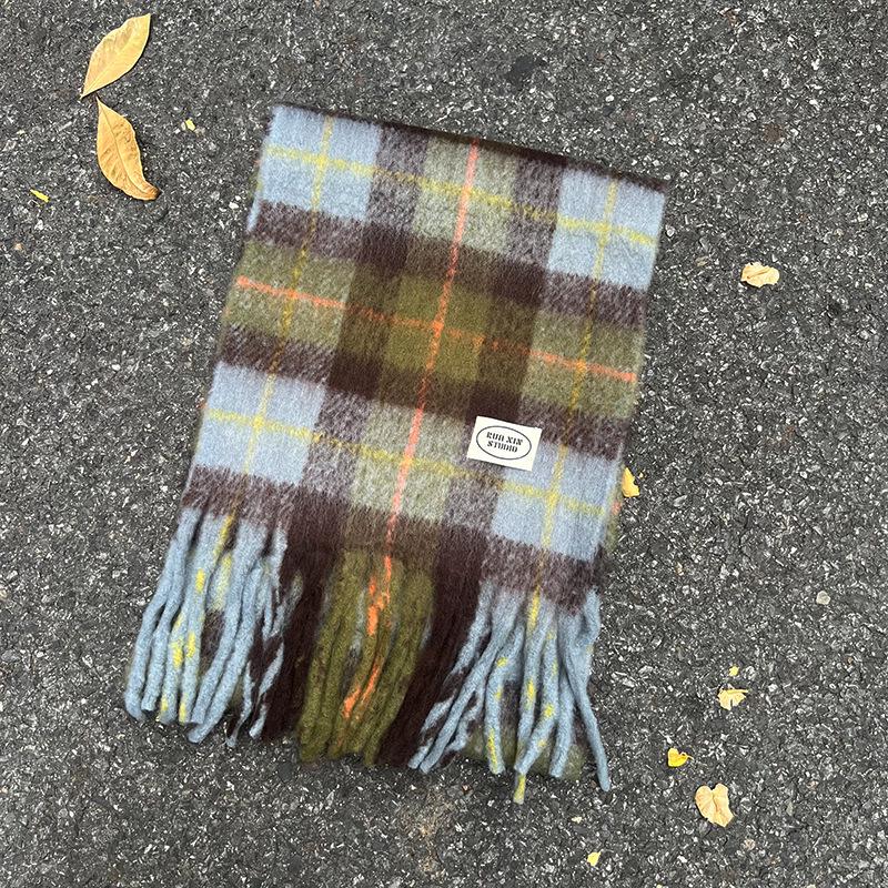 Korean Style Plaid Mohair Scarf - Women's Winter Imitation Cashmere Shawl