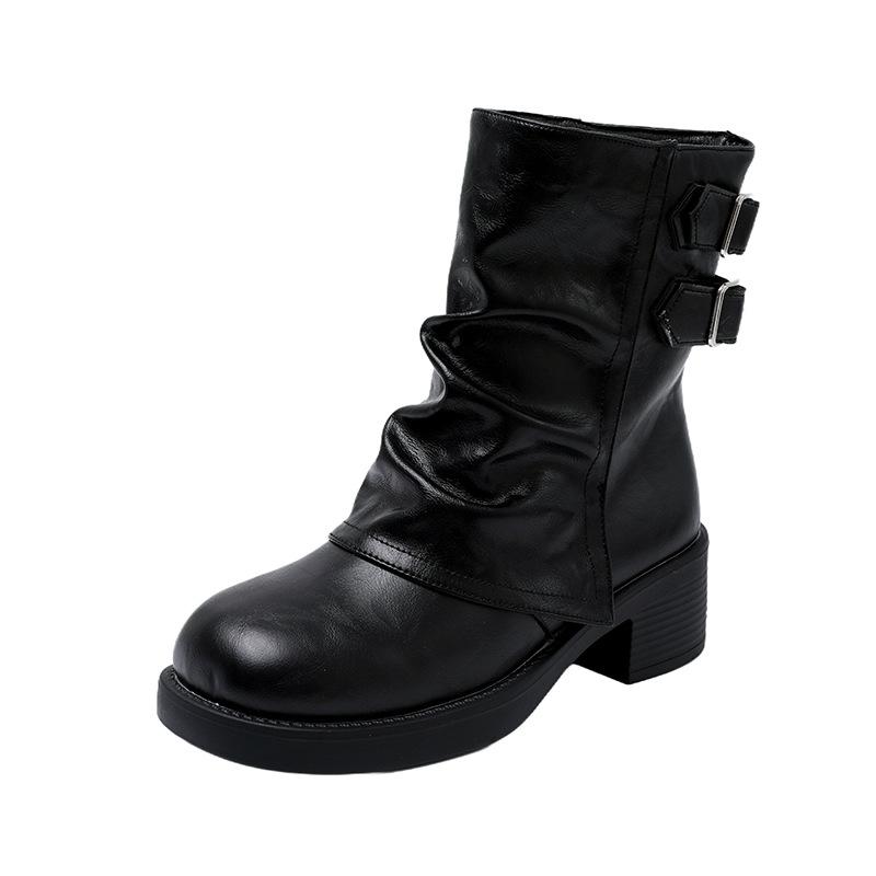 Large Size Short Boots for Women's Autumn and Winter New Belt Buckle Trousers Single Boots for Women's Thick Heel Leather Boots Short Short Boots for