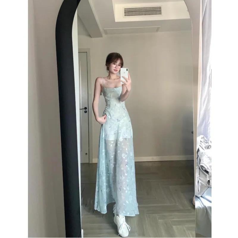 Elegant French Seaside Floral Spaghetti Strap Dress - Slimming Waist, Trendy Summer Style Double Extra Large синий