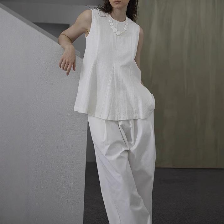 Minimal American French cotton and linen shirt summer new waist round neck sleeveless linen unique top