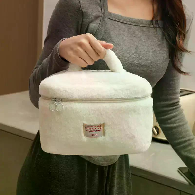 Soft Plush Large Capacity Makeup Bags For Women Daily Cosmetics Organizer Simple Style Tote Travel Toiletry Bag