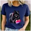 Unisex 100% Polyester Summer Top Black Pomeranian dog Print Loose round Neck Short Sleeve Fashion for Lovers