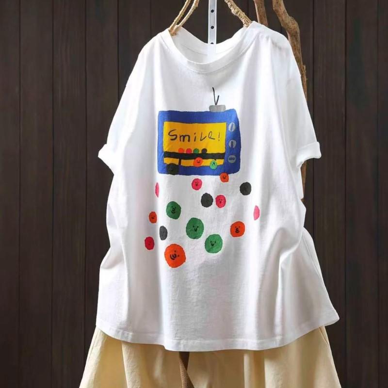 Johnature Women Vintage Print O-Neck Short Sleeve Summer Loose Casual Female T-Shirts