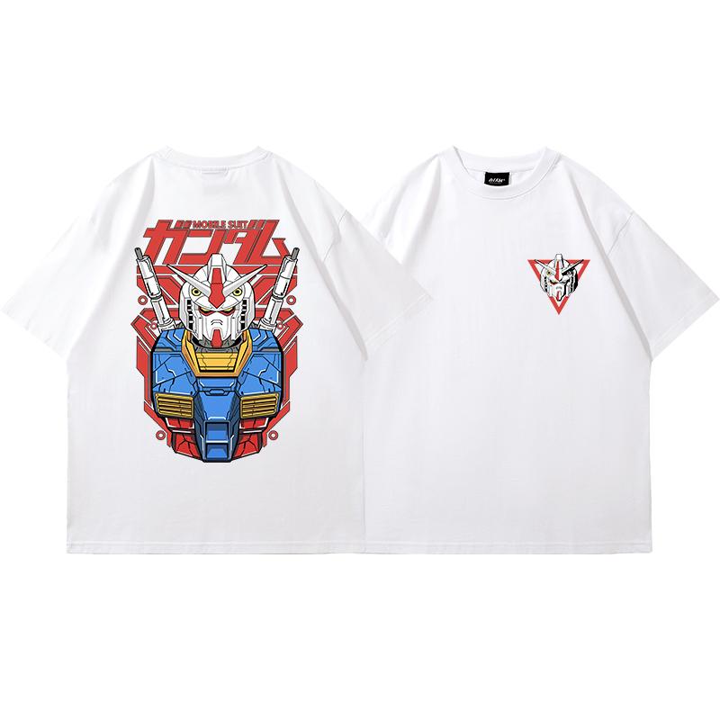 Gundam Shortsleeved Printed Tshirt 2025 Summer Male Tide Brand Cartoon Printing Pure Cotton Loose Youth Round Neck Tshirt