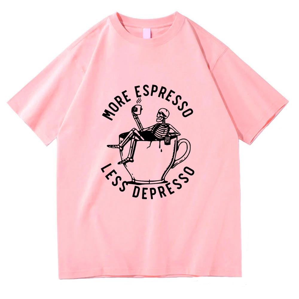 Summer Men's More Espresso Less Depresso Skeleton Drinking Coffee Pattern Print Horror Style 100% Cotton Short-sleeved T-shirt