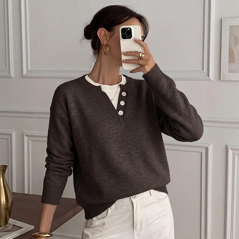 New Autumn-winter Soft Business Casual Knit Sweater with Loose Double-layer V-neck Design