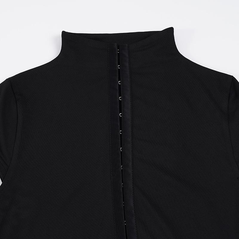 European & American Sexy Hollow Stand Collar High Slit Short Sleeve Long Dress