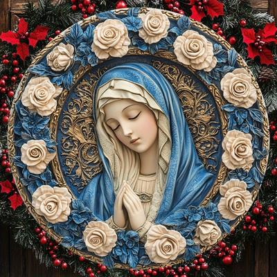Holy Mother of Christmas Wooden Wall Art, Round Wreath Sign for Home, Office & Kitchen Decor, Perfect Holiday Gift