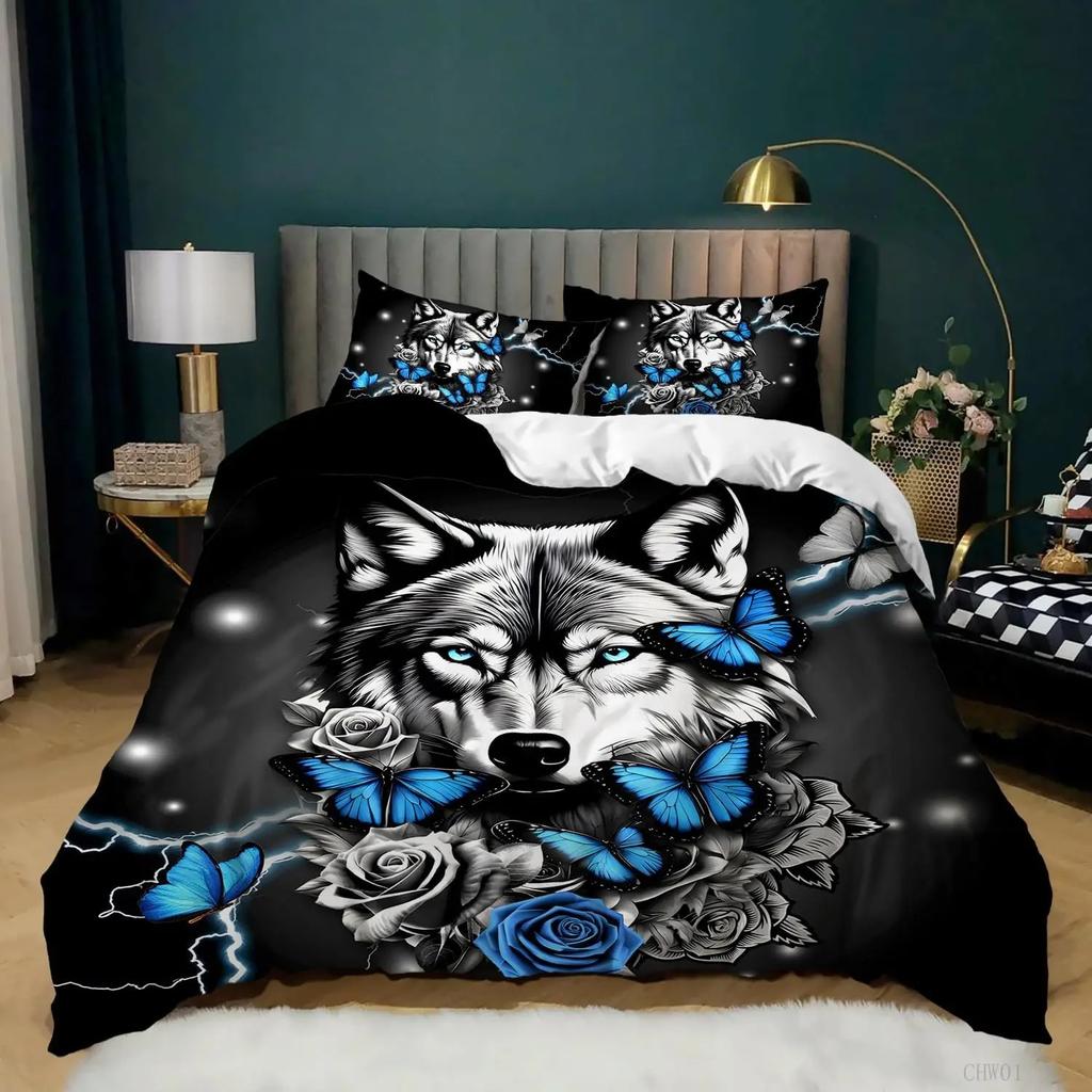 Snow Wolf Duvet Cover Set Full Queen Night Galaxy Starry Wolf Comforter Cover Wild Animals Wolf Themed Bedding Set 2/3 Pieces