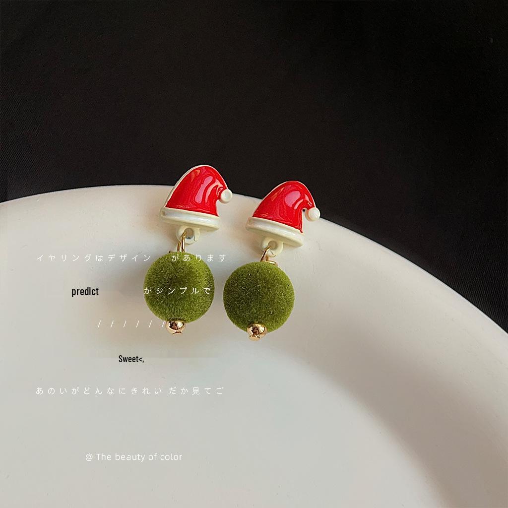 

Festive Green Pompon & Red Hat Earrings for Women - Creative Holiday Design