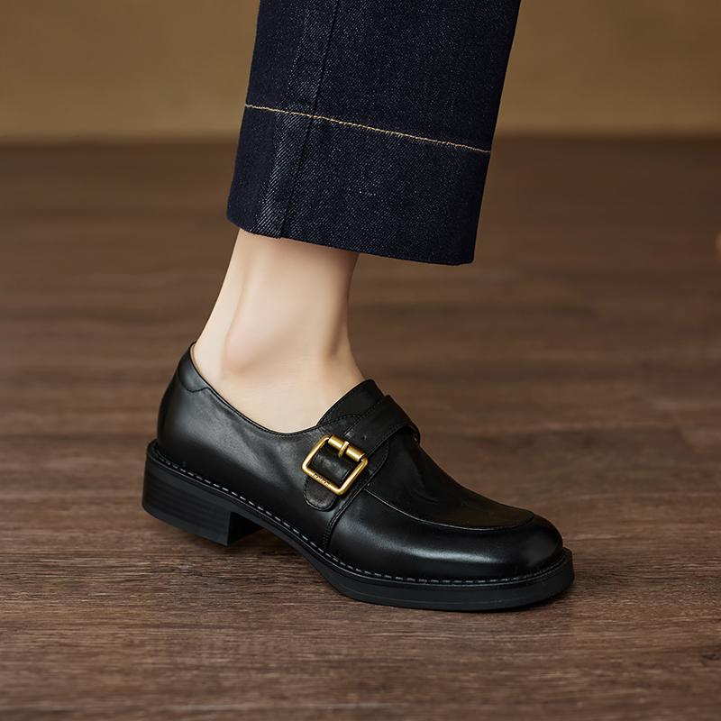 Fashion 2025 New Vintage Women Pumps Genuine Leather Round Toe Retro Style Belt Buckle Shoes Woman Spring Summer Basic Office Lady Pumps