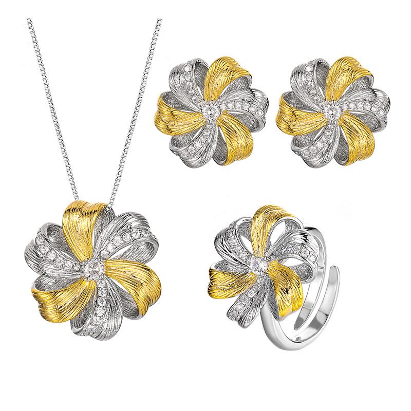 New Set Of Jewelry Necklace Earring Ring Retro French Brushed Inlaid Versatile Fashionable Women's