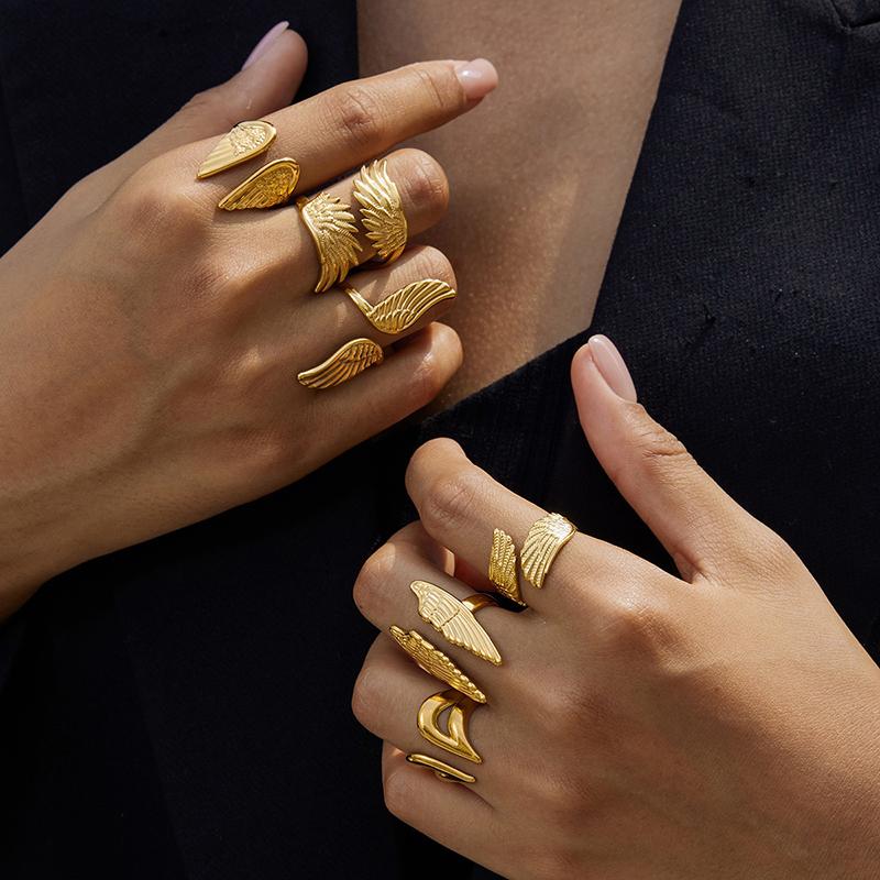 Minimalist 18K Gold Color Plated Angel Wings Open Rings Trendy Waterproof Stainless Steel Jewelry