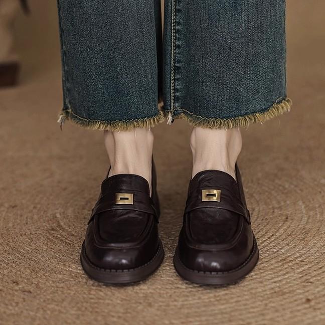 Leather Round Head Metal Buckle Summer New Black Middle Heel Platform 2025 Spring and Autumn Loafu Small Leather Shoes Women's Retro Trend