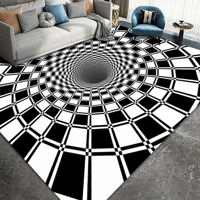 3D Optical Illusion Black White Grid Rug Living Room Office Modern Non-Slip Floor Mat Nordic Style