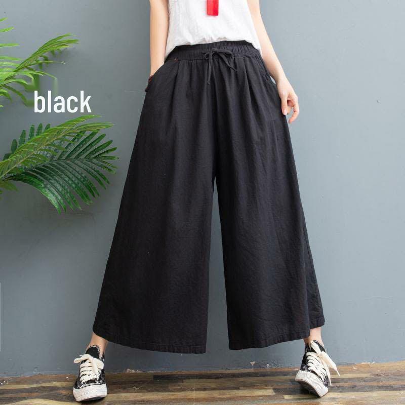 Plus Size Summer Cotton Linen Wide-Leg Pants - Lightweight, Versatile Eight-Point Culottes