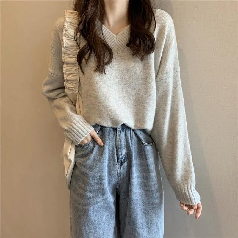 Sweater Women Autumn V-neck Solid Color Pullover Inner Knit Loose Casual Comfortable Top