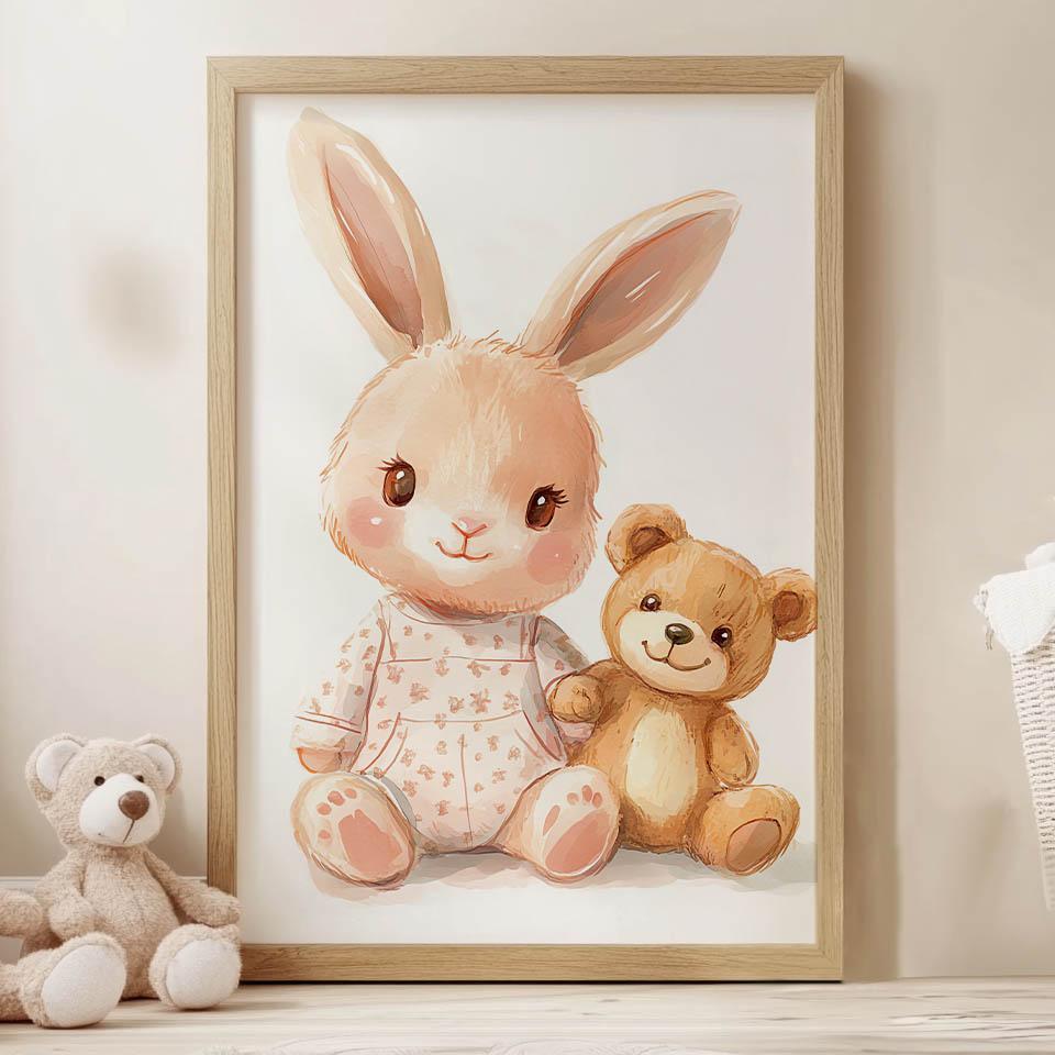 Plakat Uroczy Króliczek I Miś Plakat Uroczy Króliczek I Miś, 70X100 Cm, Bez Ramy, Płótno Premium Na Blejtramie