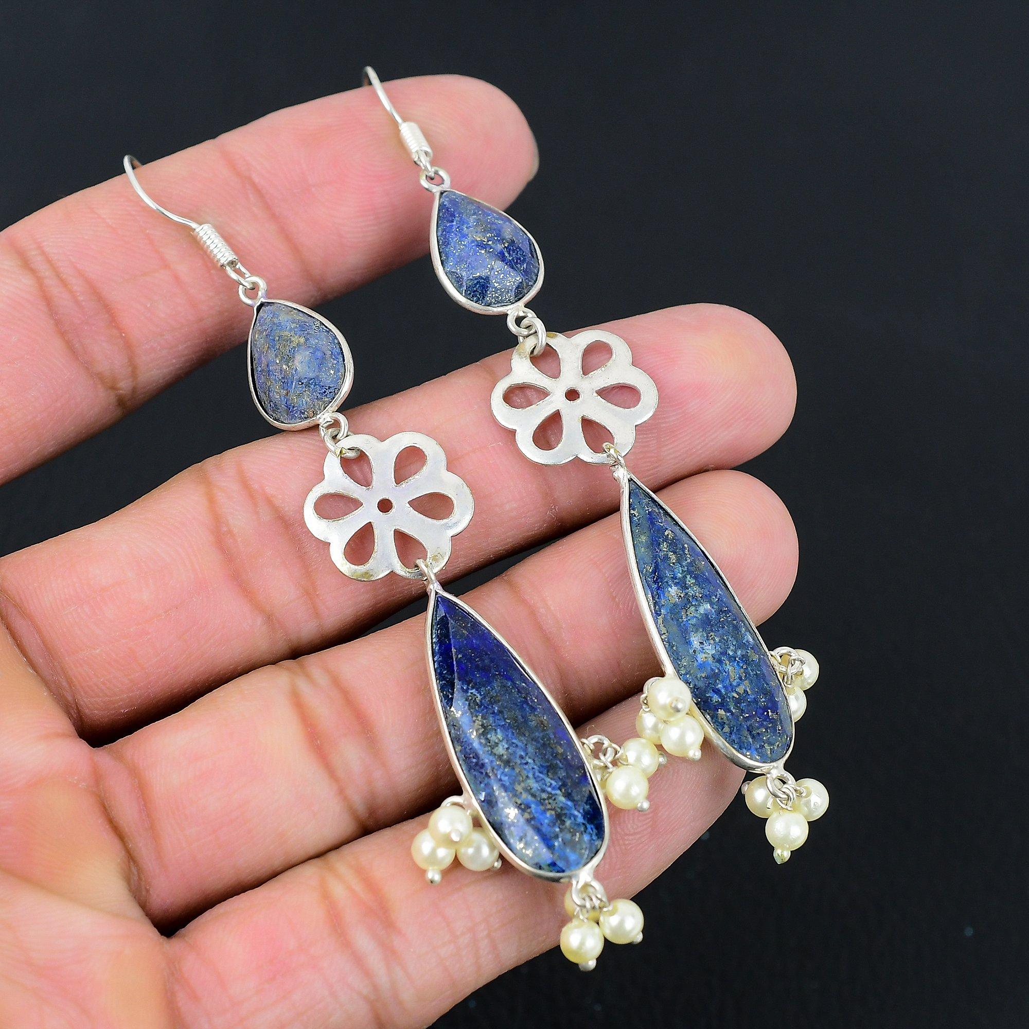 

Sterling Silver Pear Natural Lapis Lazuli Birthday Drop Dangle Earrings Jewelry