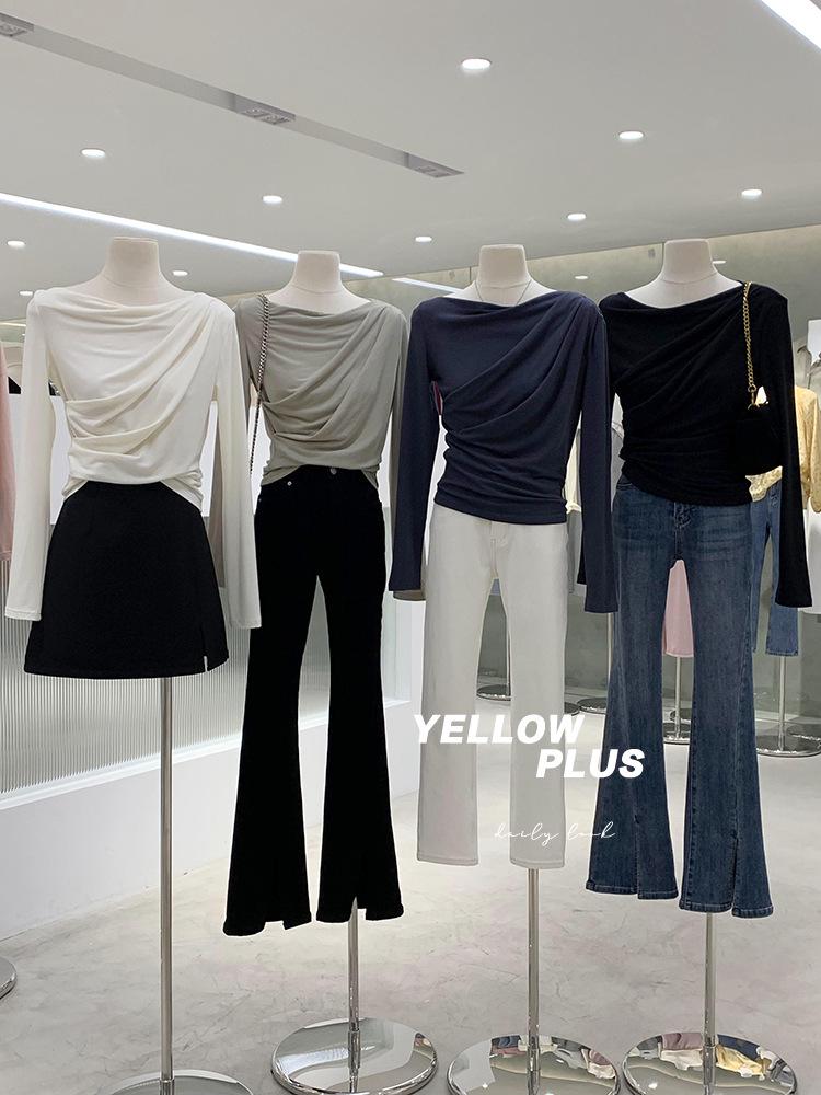 New 2024 Off-Shoulder Ruched Long-Sleeve T-Shirt, Rayon 1x1, 260g, High-End.