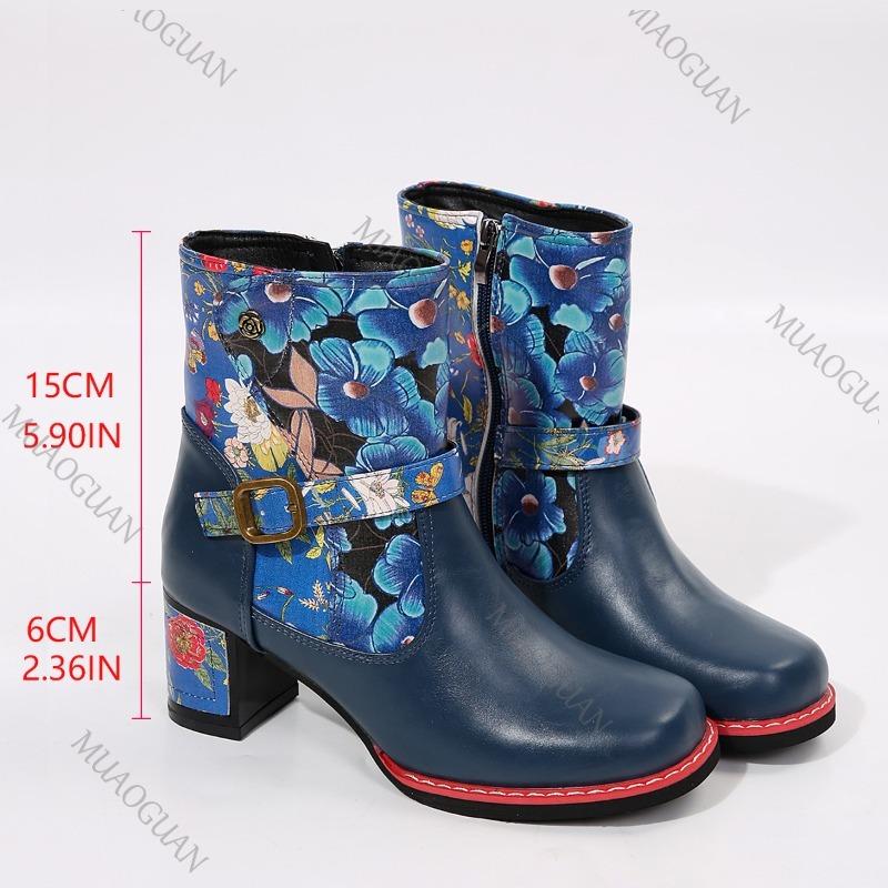 Fashion Women's Short Boots Flower Printed Patchwork Round Toe Thick Bottom Women Shoes Fashion Chunky High Heel Belt Buckle Botas Mujer