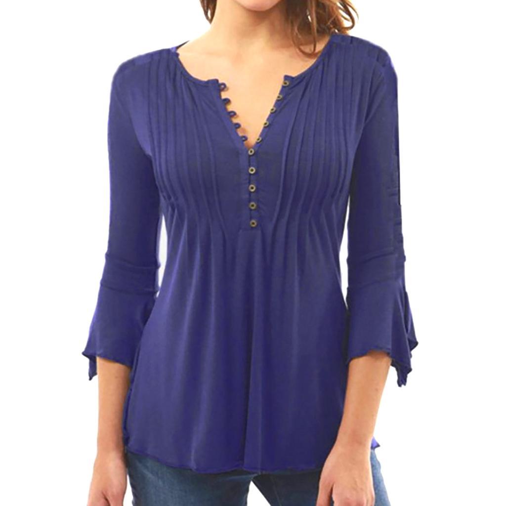 Women Summer Casual Solid Color Button Flared Sleeves T-shirt Top Blouse