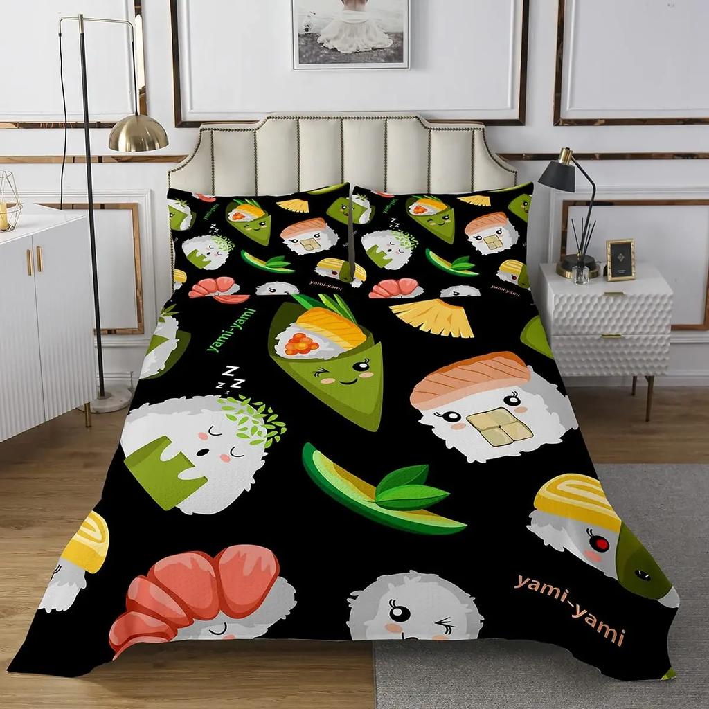 Sushi Comforter Cover,Kawaii Rice Printed Duvet Cover,Cartoon Sushi Food Bedding,Salmon Caviar Sushi Japanese Style Quilt Cover
