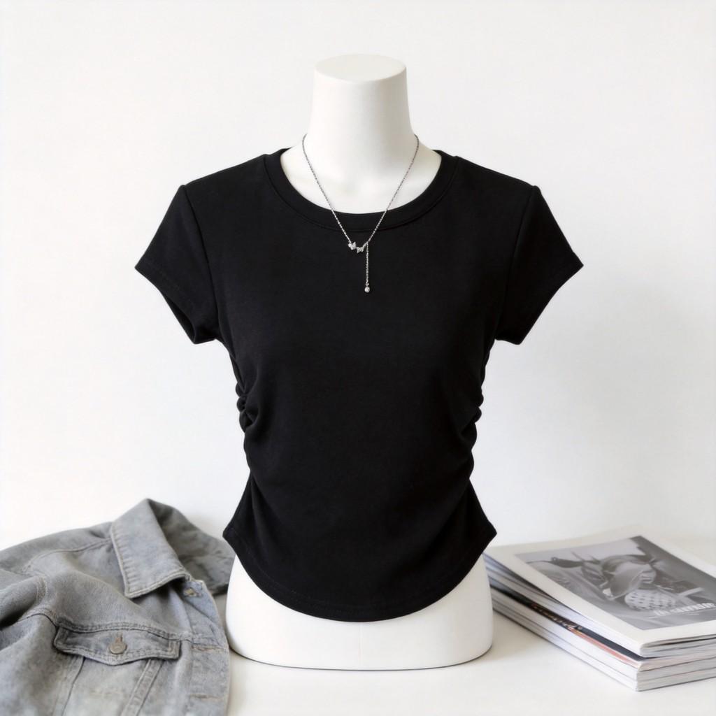 Summer Woman V Neck T Shirt With Wrinkled Design And Slim Fit For Casual Wear
