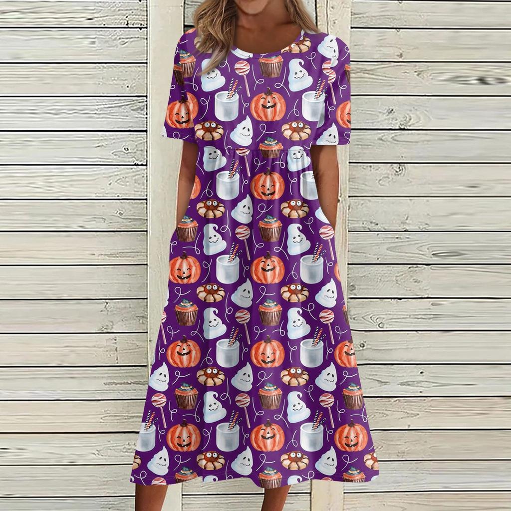 Summer Dress For Women Casual Printed Short-Sleeve Beach Swing Dress