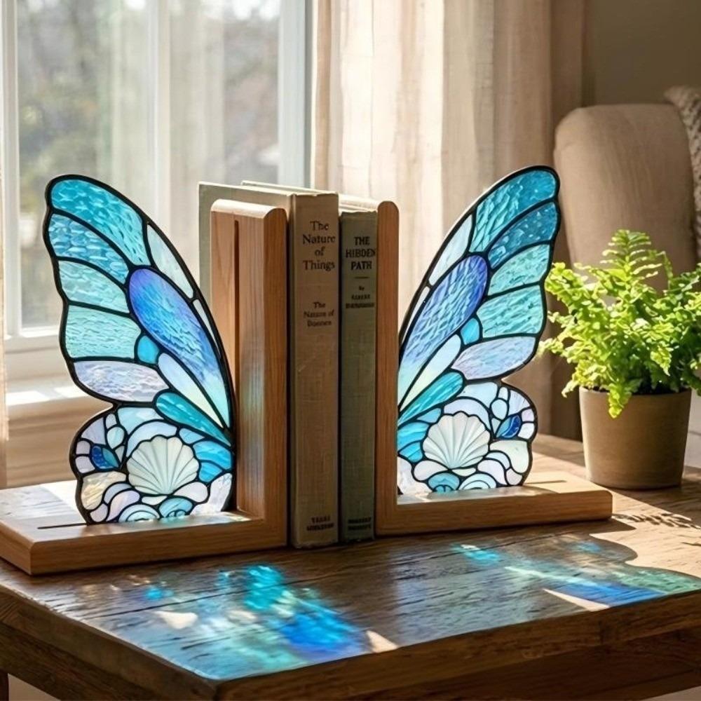 Acrylic Butterfly Wings Bookend Set Colorful Book Support with Bases Book Ornaments For Bookshelf