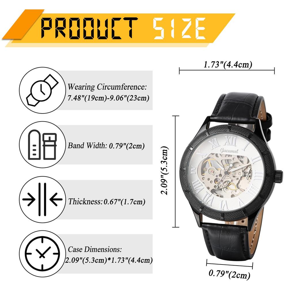 Automatic Watch with Luminous Hands and Genuine Leather Analog Roman Large Professional Perfect Gift for Day Men's Strap Waterproof, Mechanical,