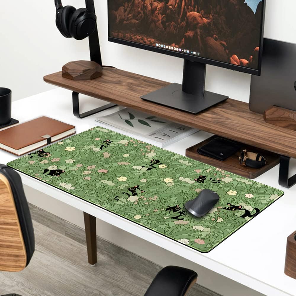 Cute cat flower plant pattern large table mat suitable for office game and home decoration Green 40*80*0.2cm