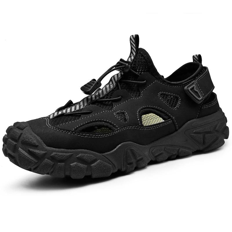 Mesh Men s Sandals Stylish Summer New Outdoor Flats Non-Slip Travel Beach Shoes Daily Walking Shoes Wading Aqua Shoes 38 чёрный