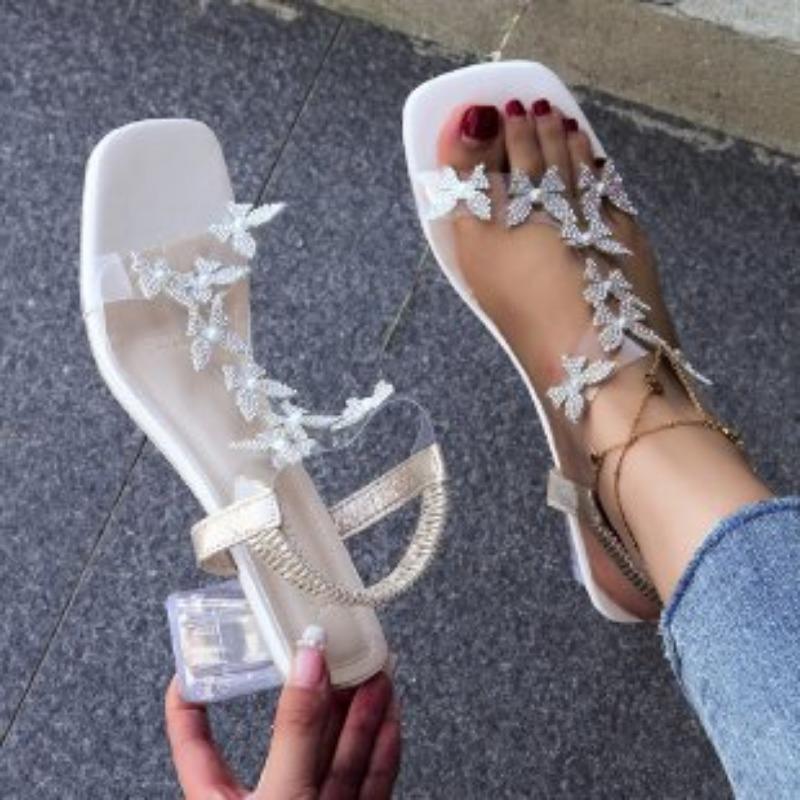 Rhinestone butterfly sandals women's new large size crystal thick heel fashion and transparent high heels