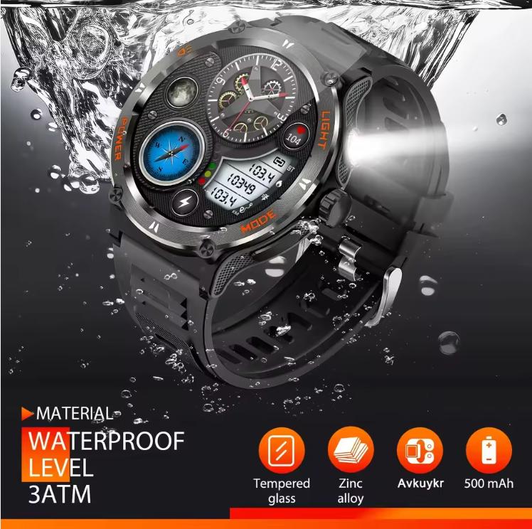 1.53-inch Outdoor Men Smart Watch 3ATM Waterproof 500Mah B Attery LED Strong Flashlight Bluetooth Call Smartwatch + Box