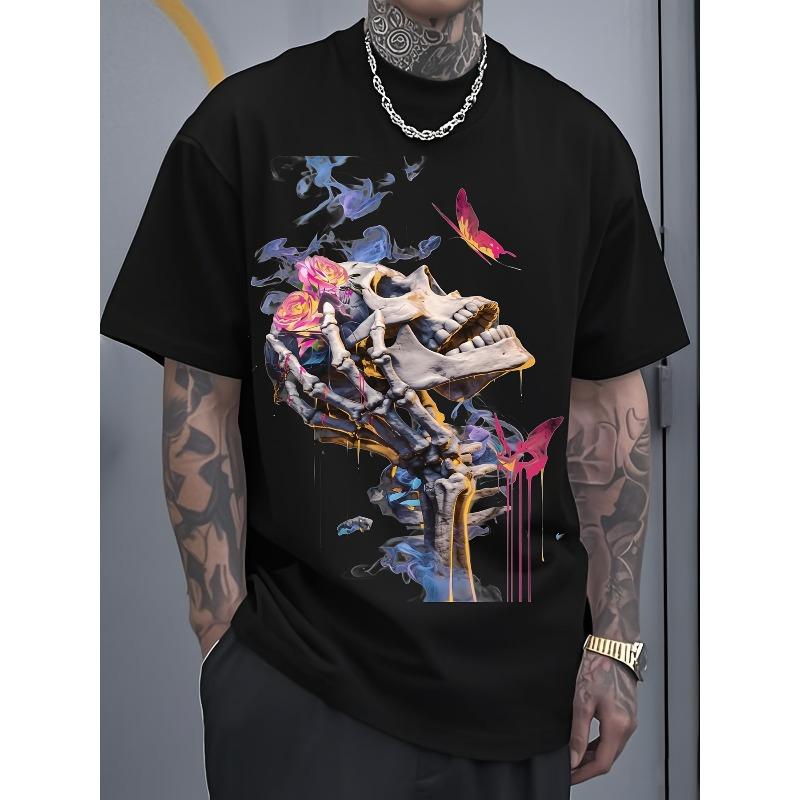 

European sizes Men s Graphic T-Shirt - Colorful Skull & Butterfly Print Urban Street Style, Lightweight Summer Tee with Round Neck & Short Sleeves, 4XL чорний