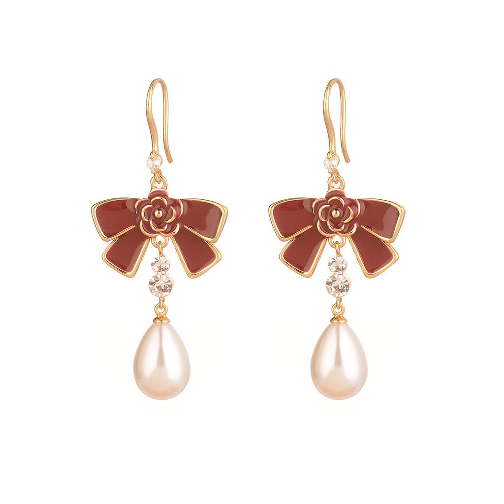 French bow New Year's pearl autumn and winter silver needle burgundy Christmas series earrings niche high-end personalized earrings