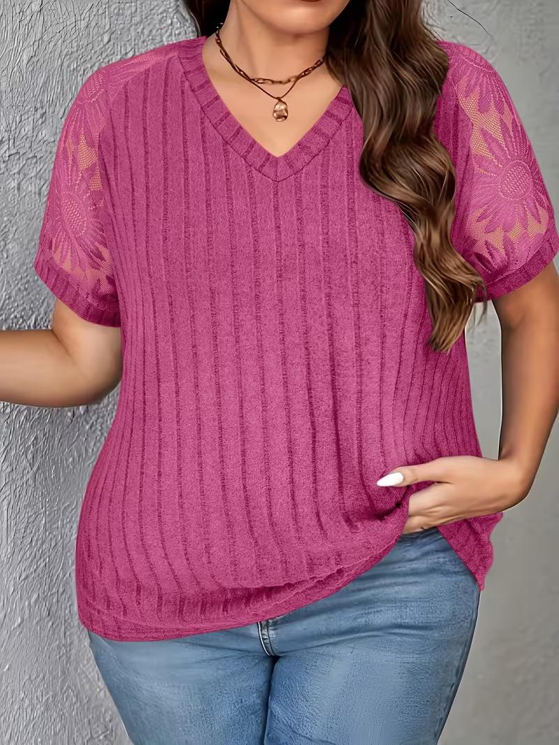 2026 Spring/Summer Plus Size Women s V-neck Lace Patchwork Short Sleeve Top 3XL