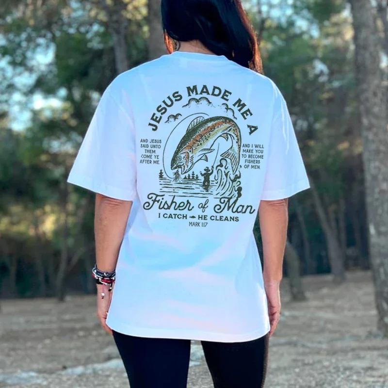 Rybář lidí Grafické tričko s potiskem na zádech Vintage móda Streetwearová trička Dámské tričko s biblickým veršem Ježíš Náboženská trička