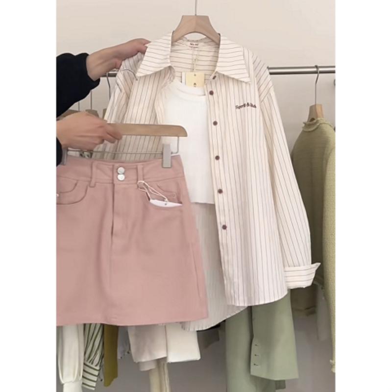 2024 Spring Women's Korean-Style Striped Shirt & Skirt with Suspenders (Three-Piece Set)