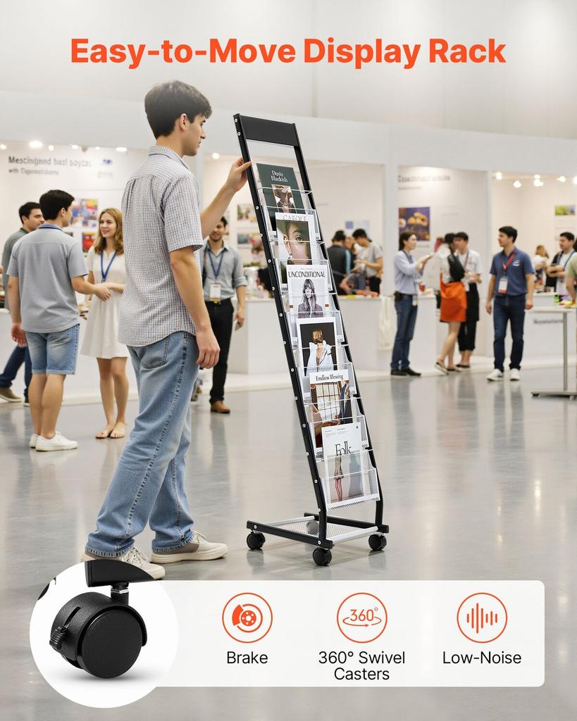 Brochure Display Rack, Narrow 6-Tier Magazine Literature Display Stand with Wheels, Metal Floor Standing Magazine Rack, Movable Newspaper Catalog
