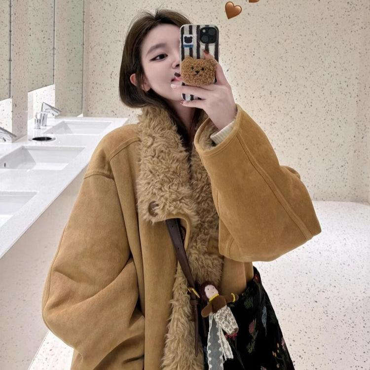 Wear fur integrated fur jacket on both sides, women's autumn and winter loose locomotive clothing top, lamb wool environmentally friendly fur thickene