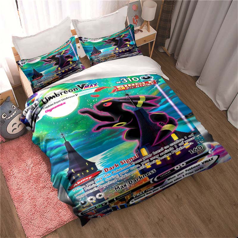 Bedding sets featuring various Pokémon card designs and sizes—including soft duvet covers and pillowcases—suitable for teenagers