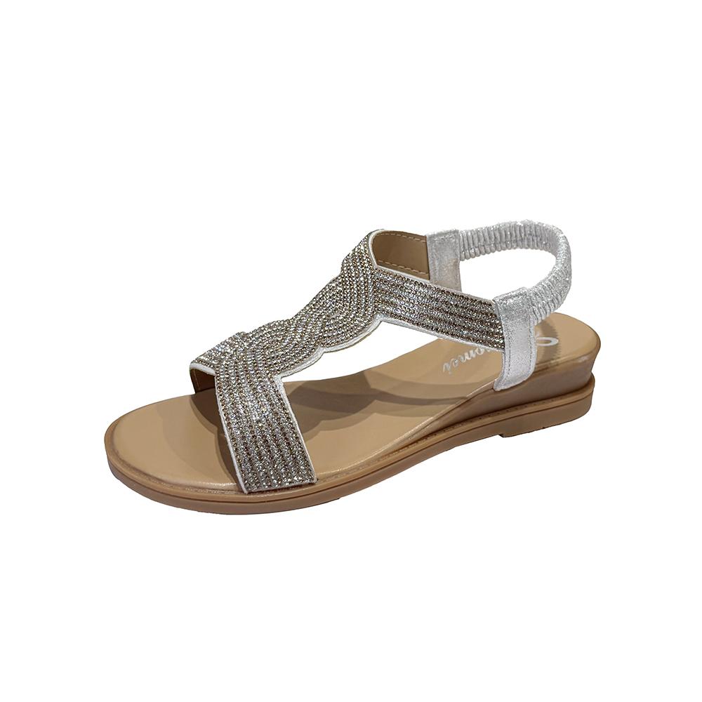 Fashion Soft Sole Anti-Slide Heel Sandals Women's Fashion Round Toe Open Toe Rhinestone Slip Flats