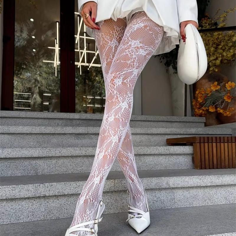 Sexy Damen Lang Netzstrumpfhosen Strumpfhosen Süße Lolita Ausgeschnittene Florale Durchsichtige Netzstrumpfhosen Blume Rattan Bodenlose Strumpfhose One Size gray