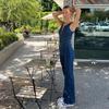 Women's Round Neck Sleeveless Jumpsuit Slim Fit Mid Rise Vintage Streetwear Denim Flare Leg Casual Retro Denim Romper