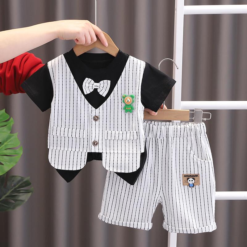 New Summer Kids Boys Clothes High Qulity Short Sleeve Gentleman Patchwork T Shirt Pants Toddler Boy Clothing Casual Outfits 80
