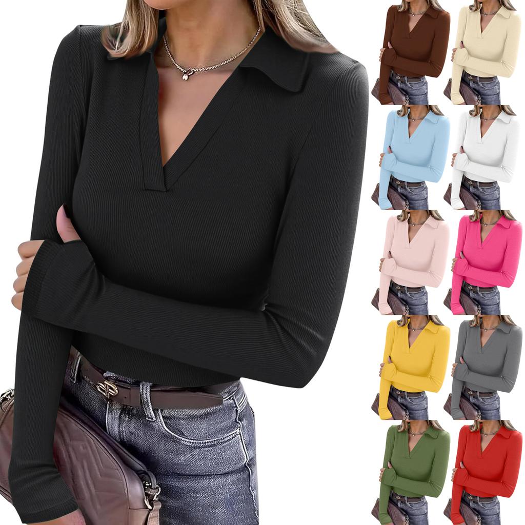 Dámská módní ležérní jednobarevná halenka s výstřihem do V, dlouhým rukávem a zapínáním na knoflíky