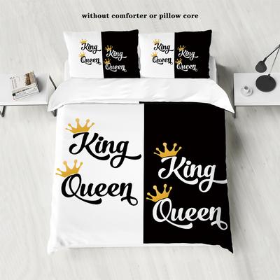 3-piece Down Duvet Cover Set with Black and White Color Printing (1 Duvet Cover+2 Pillowcases, No Core) Couple Bedding Set